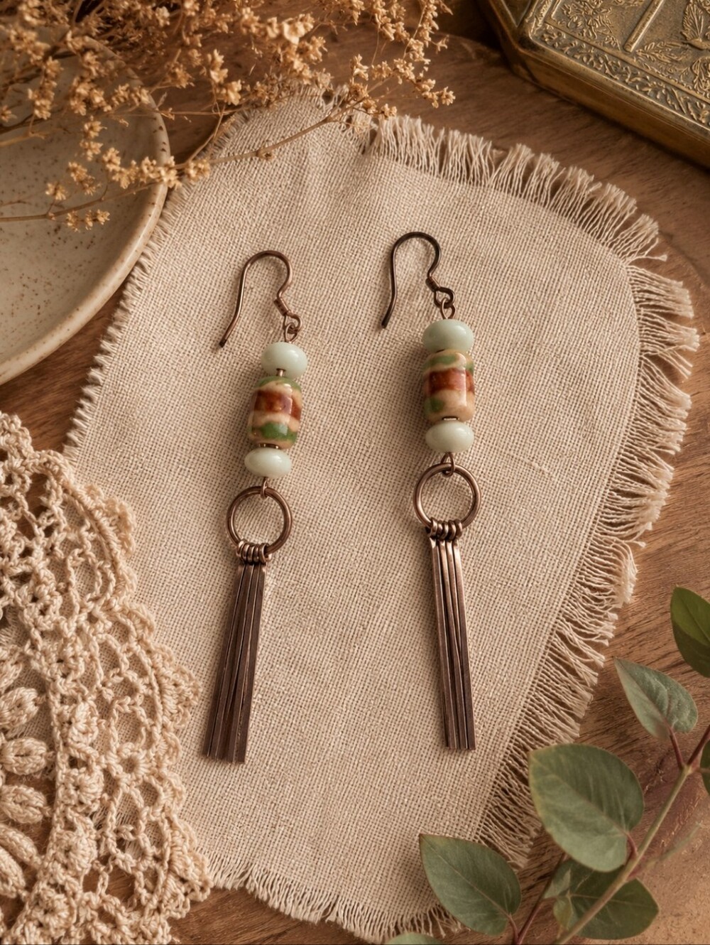 Handmade Metallic Tan & Pale Blue Beaded Silver Dangle Earrings (NWOT)